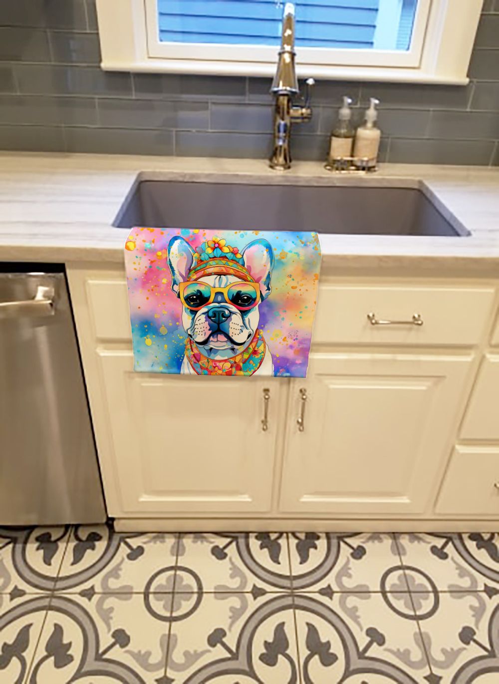 French Bulldog Hippie Dawg Kitchen Towel Dish Cloths Guest Hand Towel Decorative Bathroom Towel for Face,Tea, Dishcloth, Kitchen and Bath