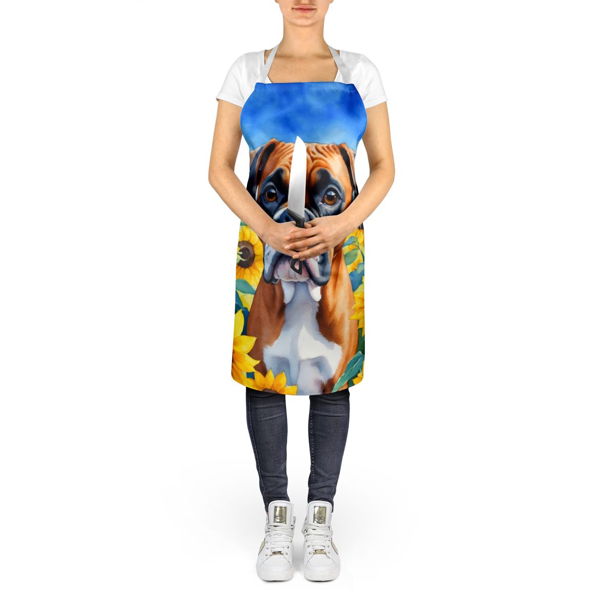 Boxer in Sunflowers Apron Cooking Kitchen Server Baking Crafts Gardening for Adult Women Men, Unisex, Large, Multicolor
