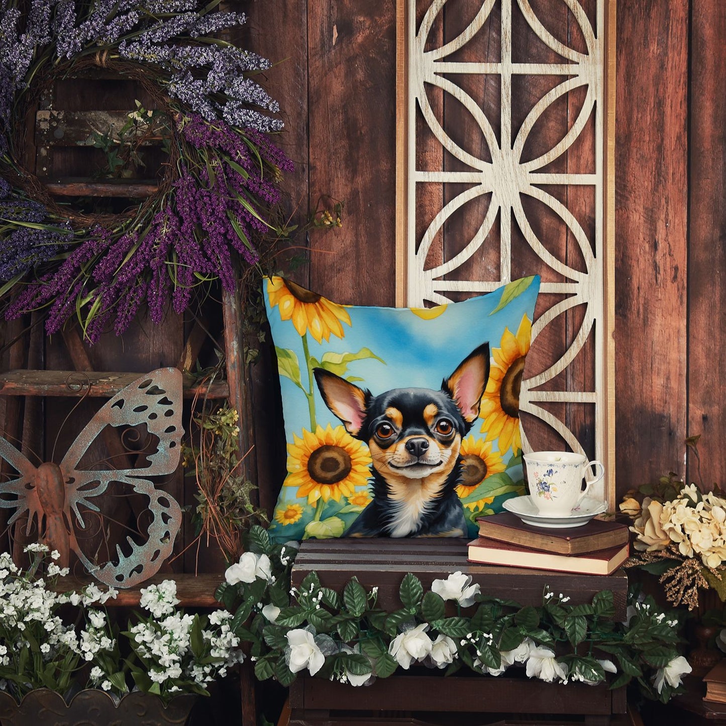 Chihuahua in Sunflowers Throw Pillow Machine Washable, Indoor Outdoor Decorative Pillow for Couch, Bed or Patio, 14Hx14W