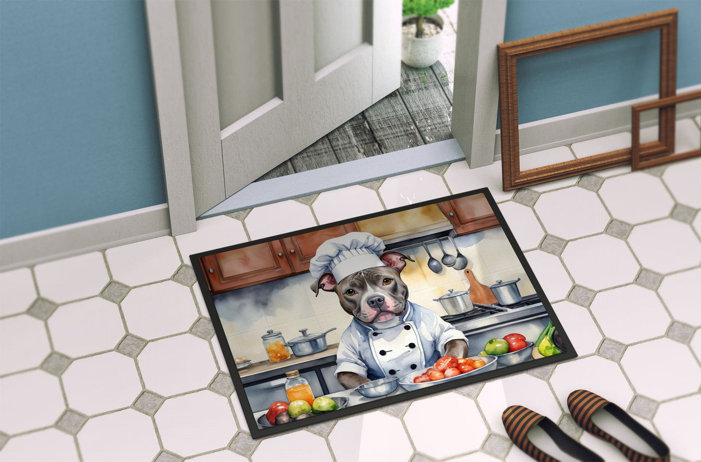 Pit Bull Terrier The Chef Doormat Front Door Mat Indoor Outdoor Rugs for Entryway, Non Slip Washable Low Pile, 24H X 36W