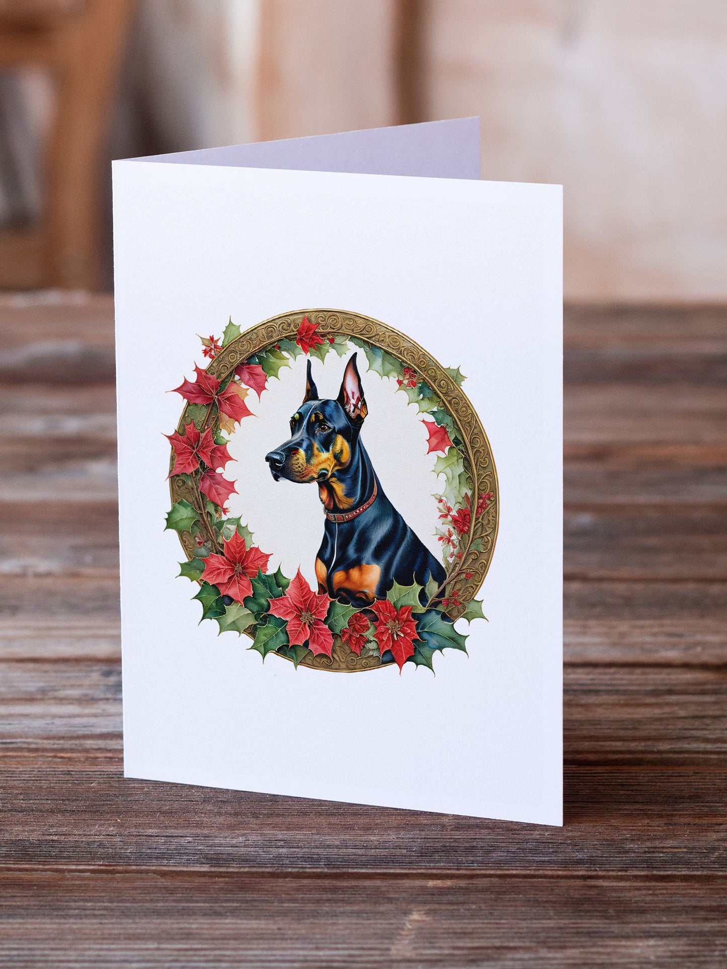 Doberman Pinscher Christmas Flowers Greeting Cards Pack of 8 Blank Cards with Envelopes Whimsical A7 Size 5x7 Blank Note Cards