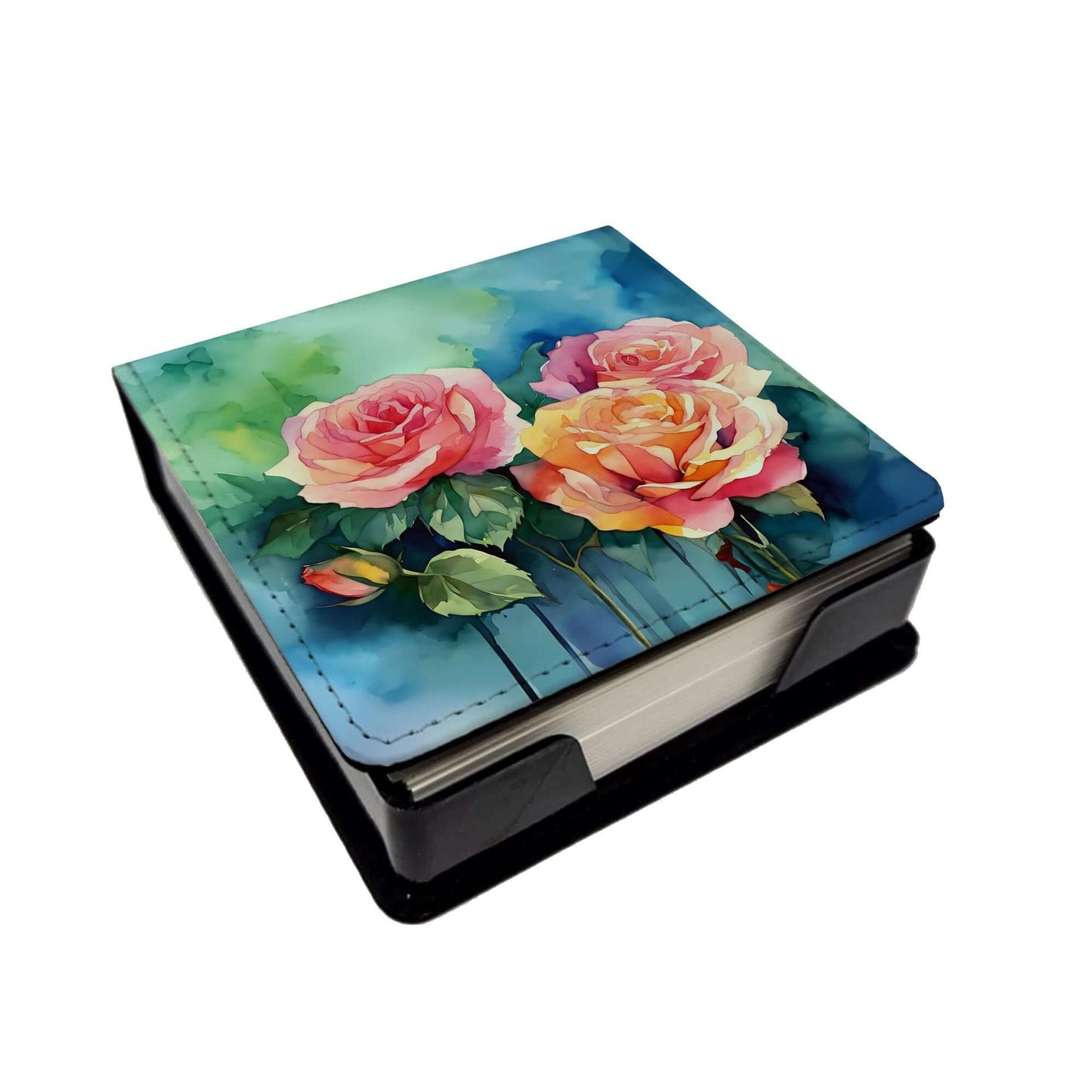 New York Roses in Watercolor PU Leather Note Paper Holder with Artist-Designed Cover, Desk Accessory, Office Gift