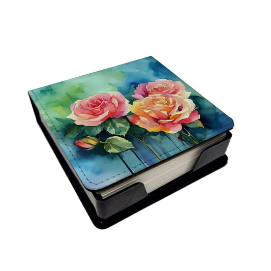 New York Roses in Watercolor PU Leather Note Paper Holder with Artist-Designed Cover, Desk Accessory, Office Gift