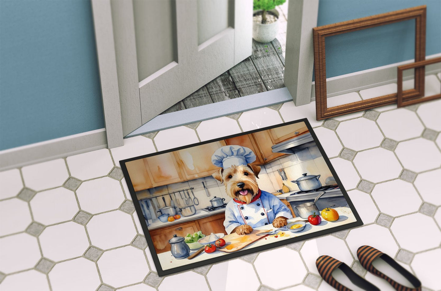NEW Wheaten Terrier The Chef Doormat Front Door Mat Indoor Outdoor Rugs for Entryway, Non Slip Washable Low Pile, 18H X 27W