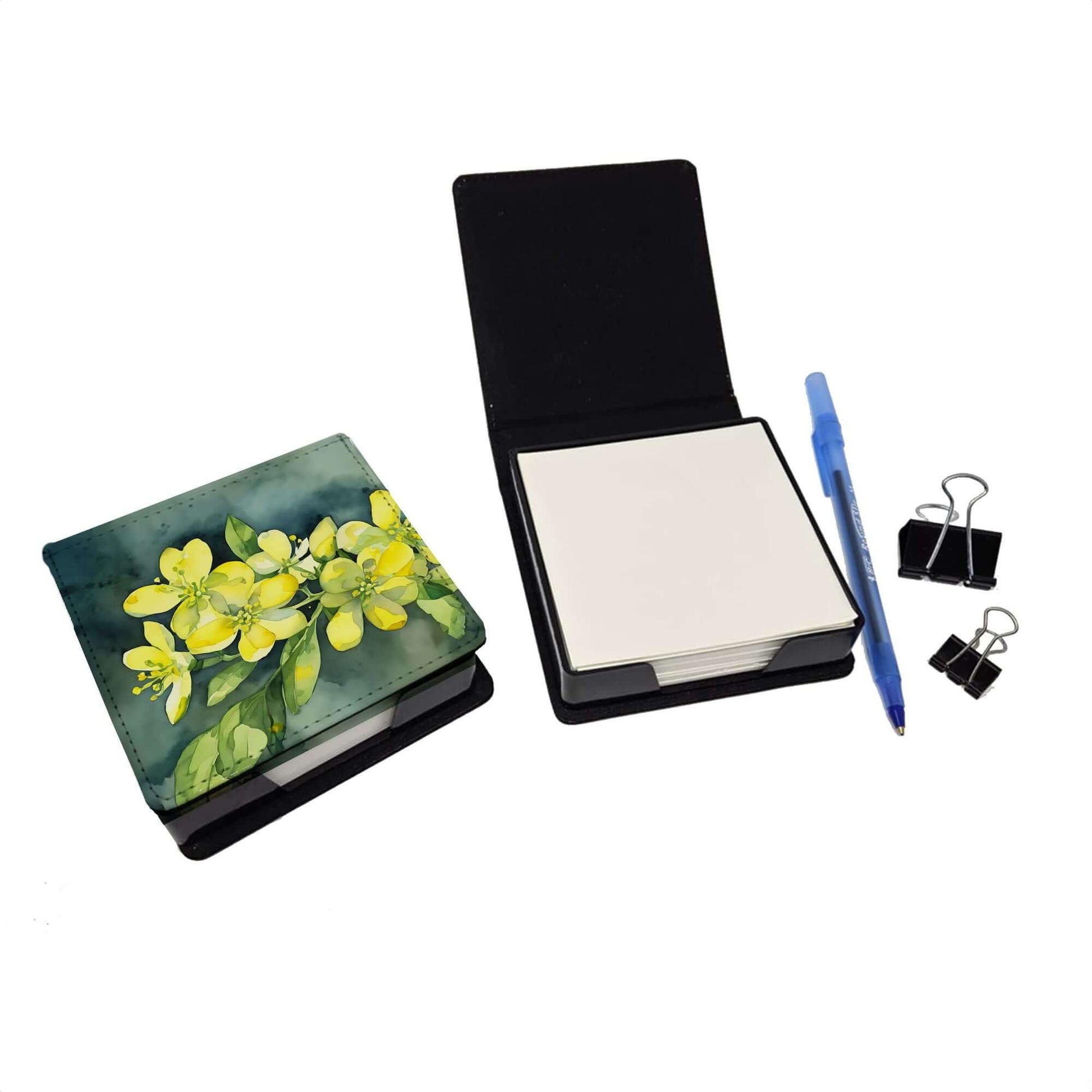 South Carolina Yellow Jessamine in Watercolor PU Leather Note Paper Holder with Artist-Designed Cover, Desk Accessory, Office Gift
