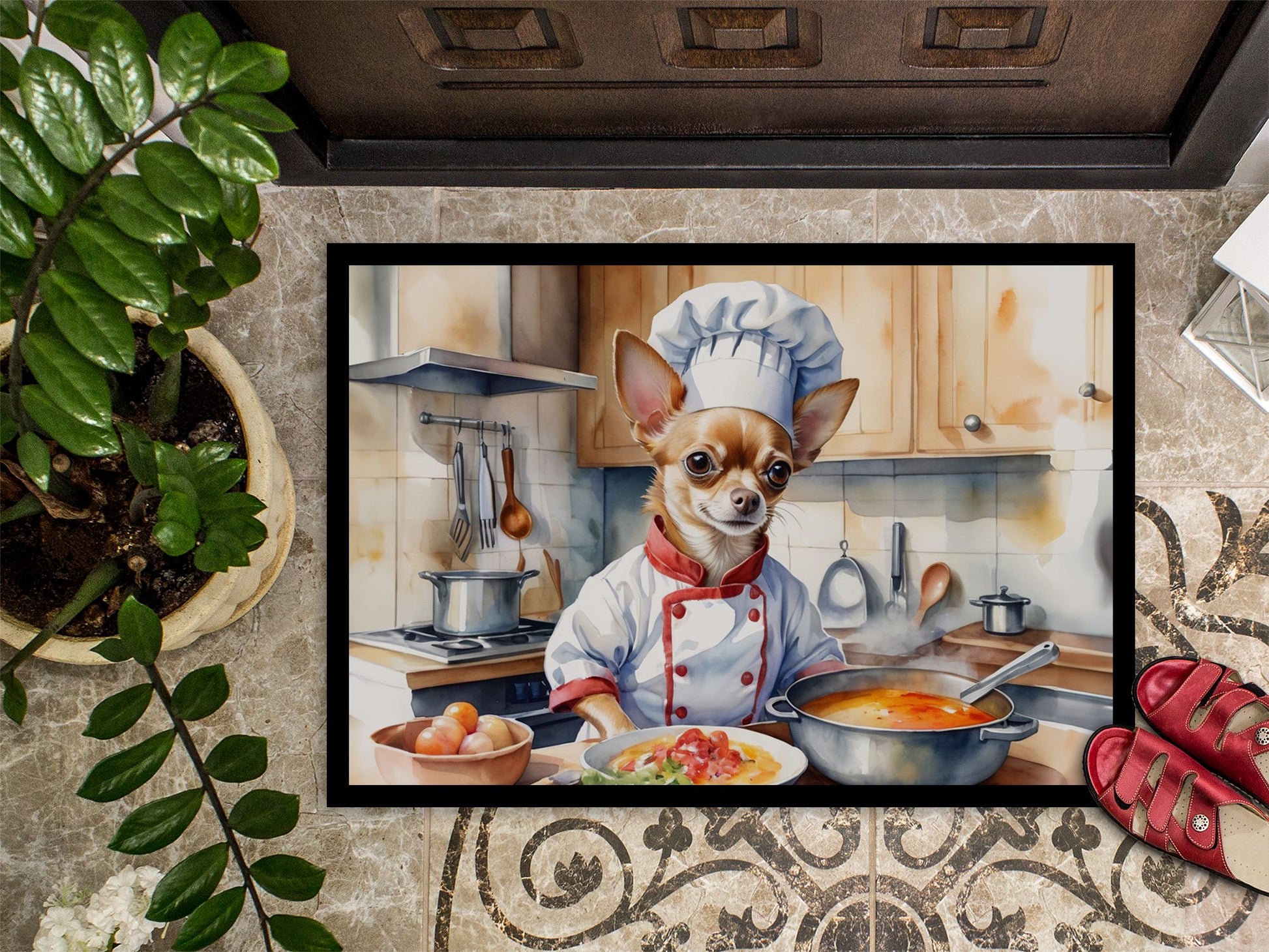 Chihuahua The Chef Doormat Front Door Mat Indoor Outdoor Rugs for Entryway, Non Slip Washable Low Pile, 24H X 36W