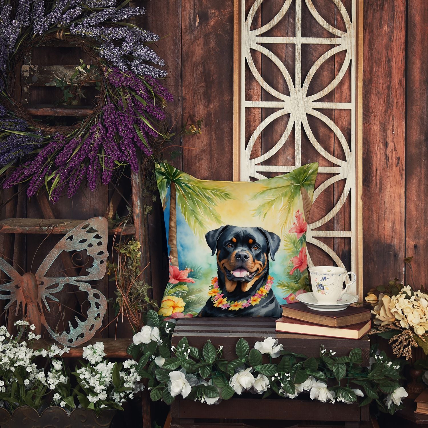 Rottweiler Luau Throw Pillow Machine Washable, Indoor Outdoor Decorative Pillow for Couch, Bed or Patio, 14Hx14W