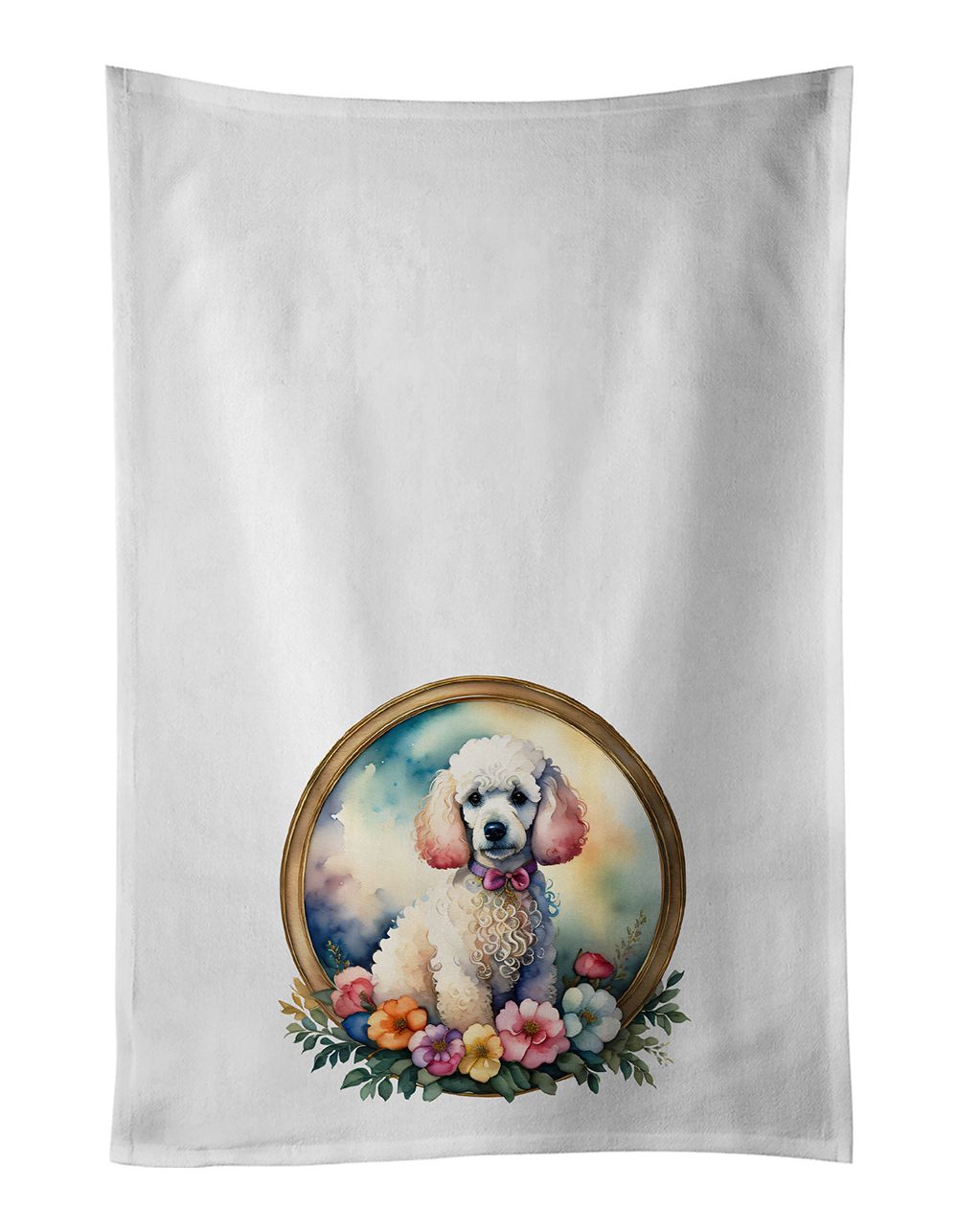 White Poodle and Flowers Kitchen Towel Set of 2 White Dish Towels Decorative Bathroom Hand towel for Hand, Face, Hair, Yoga, Tea, Dishcloth, 19 X 28", White