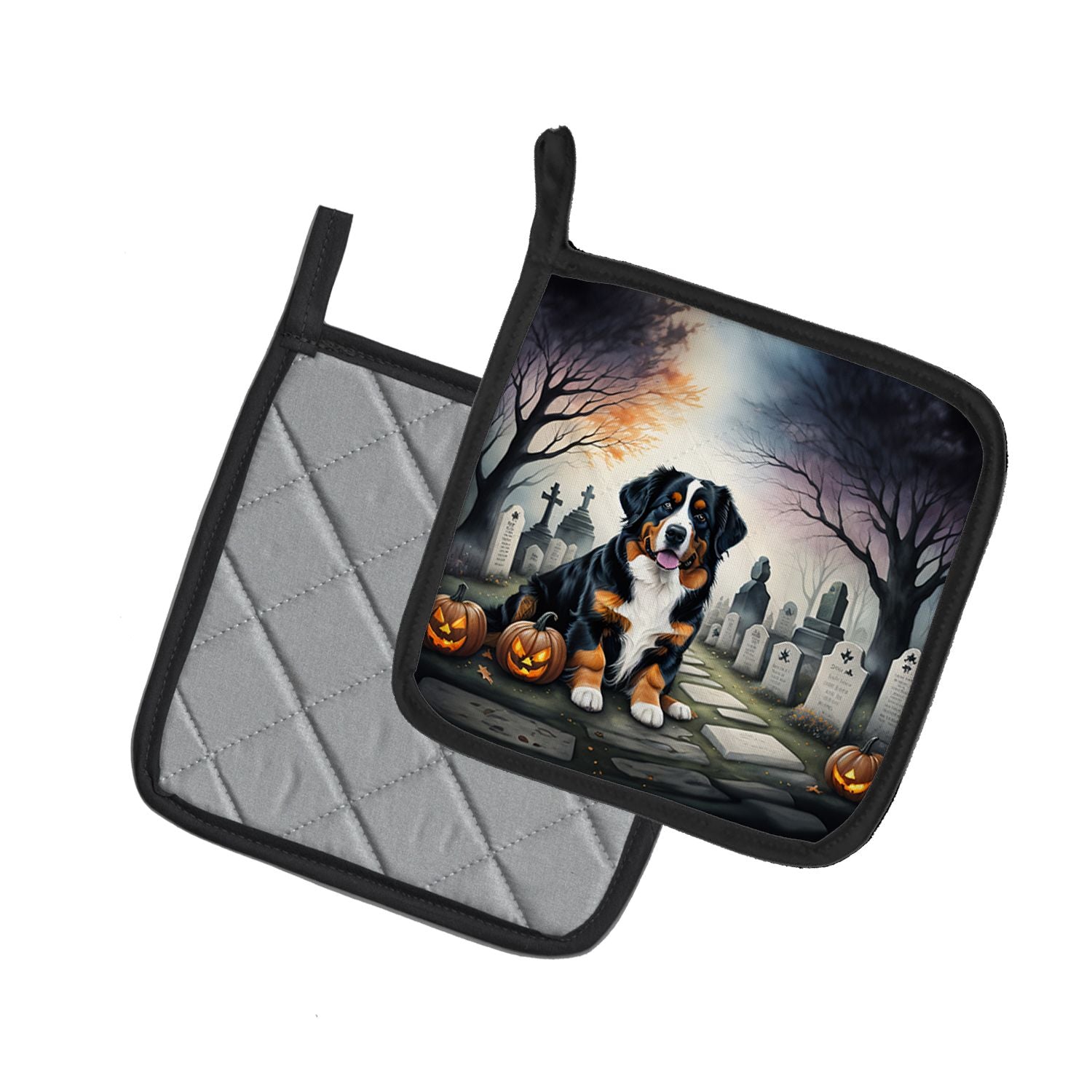 Bernese Mountain Dog Spooky Halloween Pair of Pot Holders Kitchen Heat Resistant Pot Holders Sets Oven Hot Pads for Cooking Baking BBQ, 7 1/2 x 7 1/2