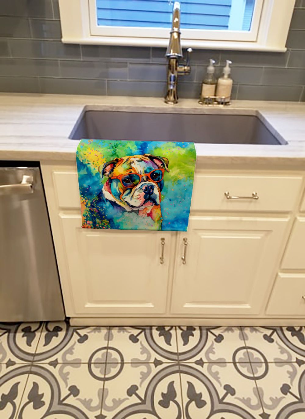 English Bulldog Hippie Dawg Kitchen Towel Dish Cloths Guest Hand Towel Decorative Bathroom Towel for Face,Tea, Dishcloth, Kitchen and Bath