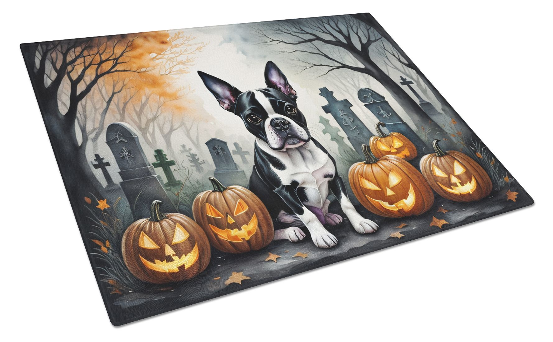 NEW Boston Terrier Spooky Halloween Glass Cutting Board Decorative Tempered Glass Kitchen Cutting and Serving Board Large Size Chopping Board