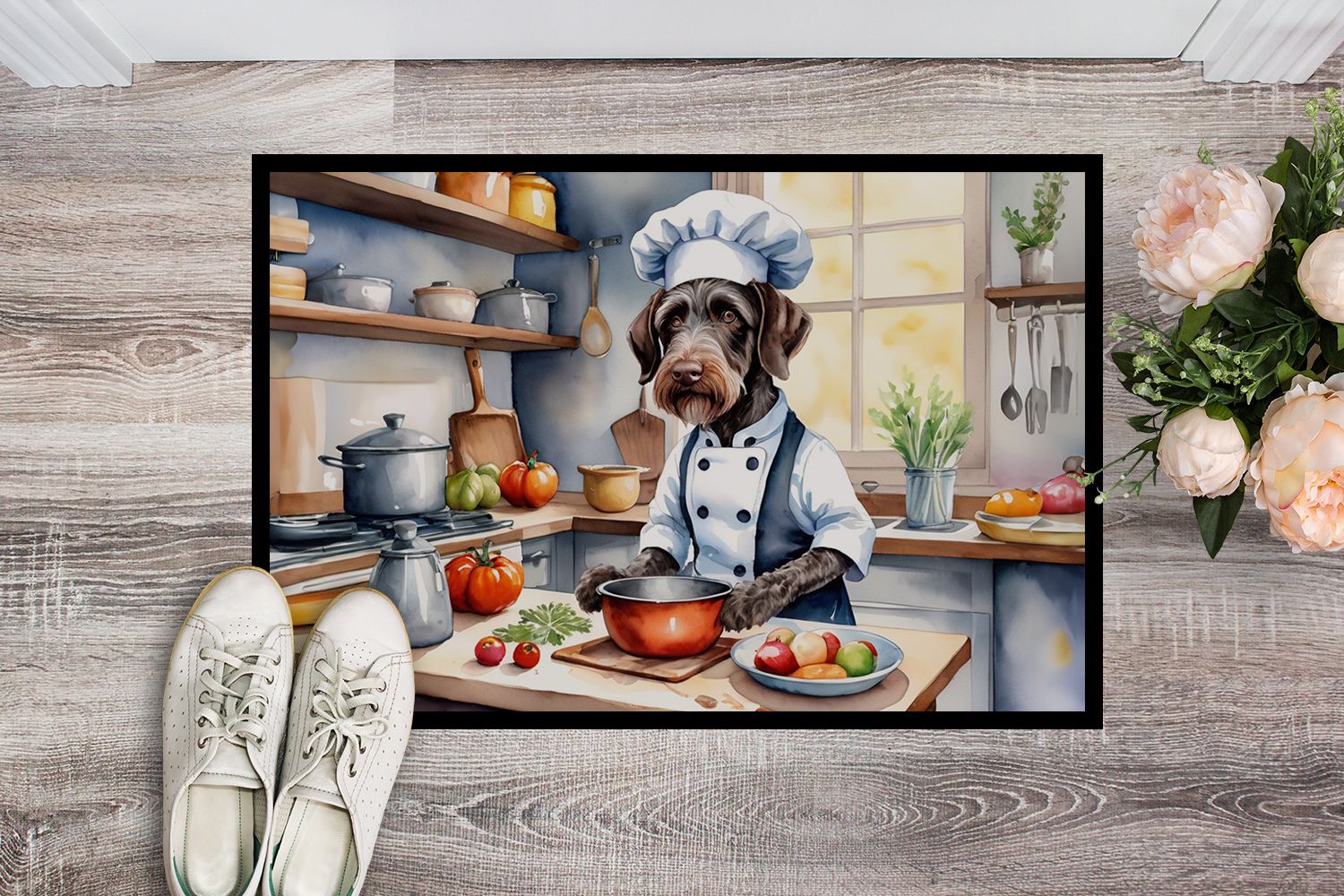 German Wirehaired Pointer The Chef Doormat Front Door Mat Indoor Outdoor Rugs for Entryway, Non Slip Washable Low Pile, 24H X 36W
