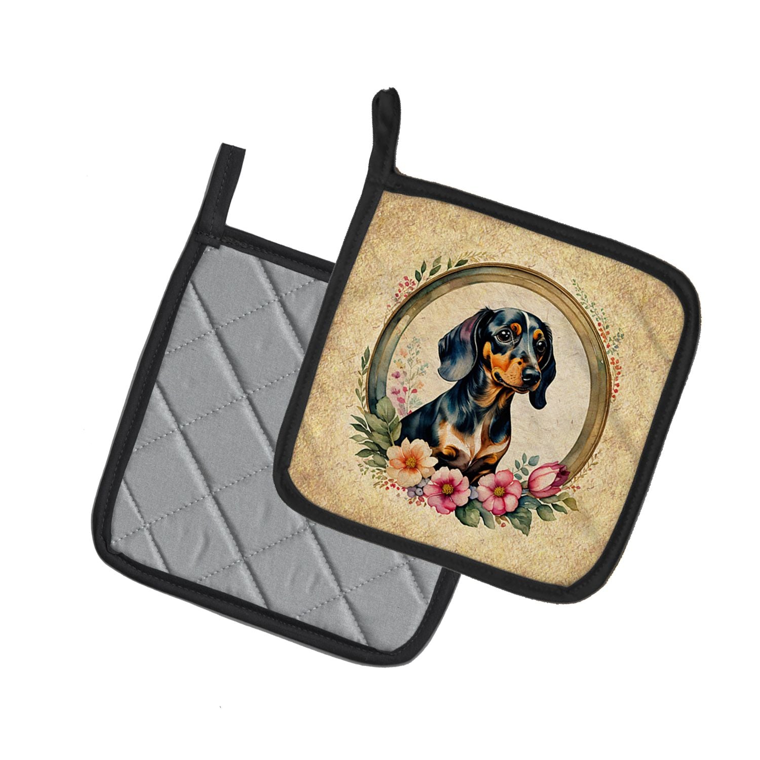 Dachshund and Flowers Pair of Pot Holders Kitchen Heat Resistant Pot Holders Sets Oven Hot Pads for Cooking Baking BBQ, 7 1/2 x 7 1/2