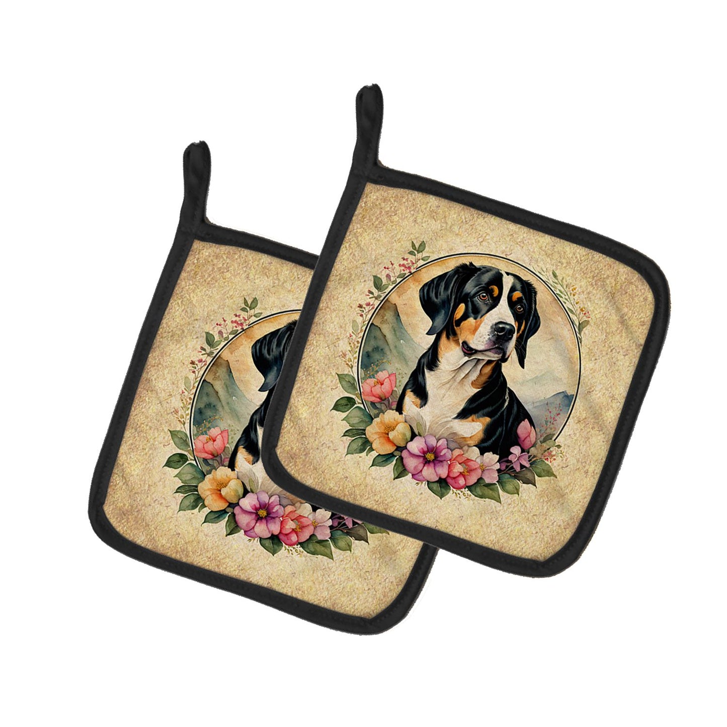 Entlebucher Mountain Dog and Flowers Pair of Pot Holders Kitchen Heat Resistant Pot Holders Sets Oven Hot Pads for Cooking Baking BBQ, 7 1/2 x 7 1/2