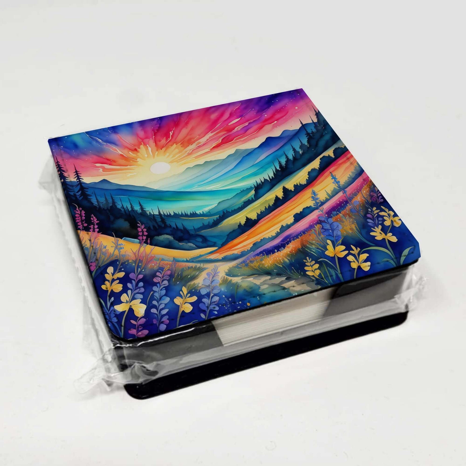 Colorful Annual Larkspur PU Leather Note Paper Holder with Artist-Designed Cover, Desk Accessory, Office Gift