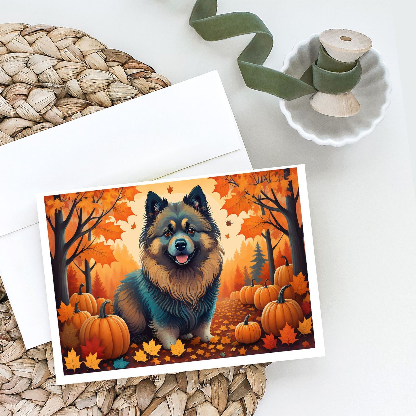 Keeshond Fall Greeting Cards Pack of 8 Blank Cards with Envelopes Whimsical A7 Size 5x7 Blank Note Cards