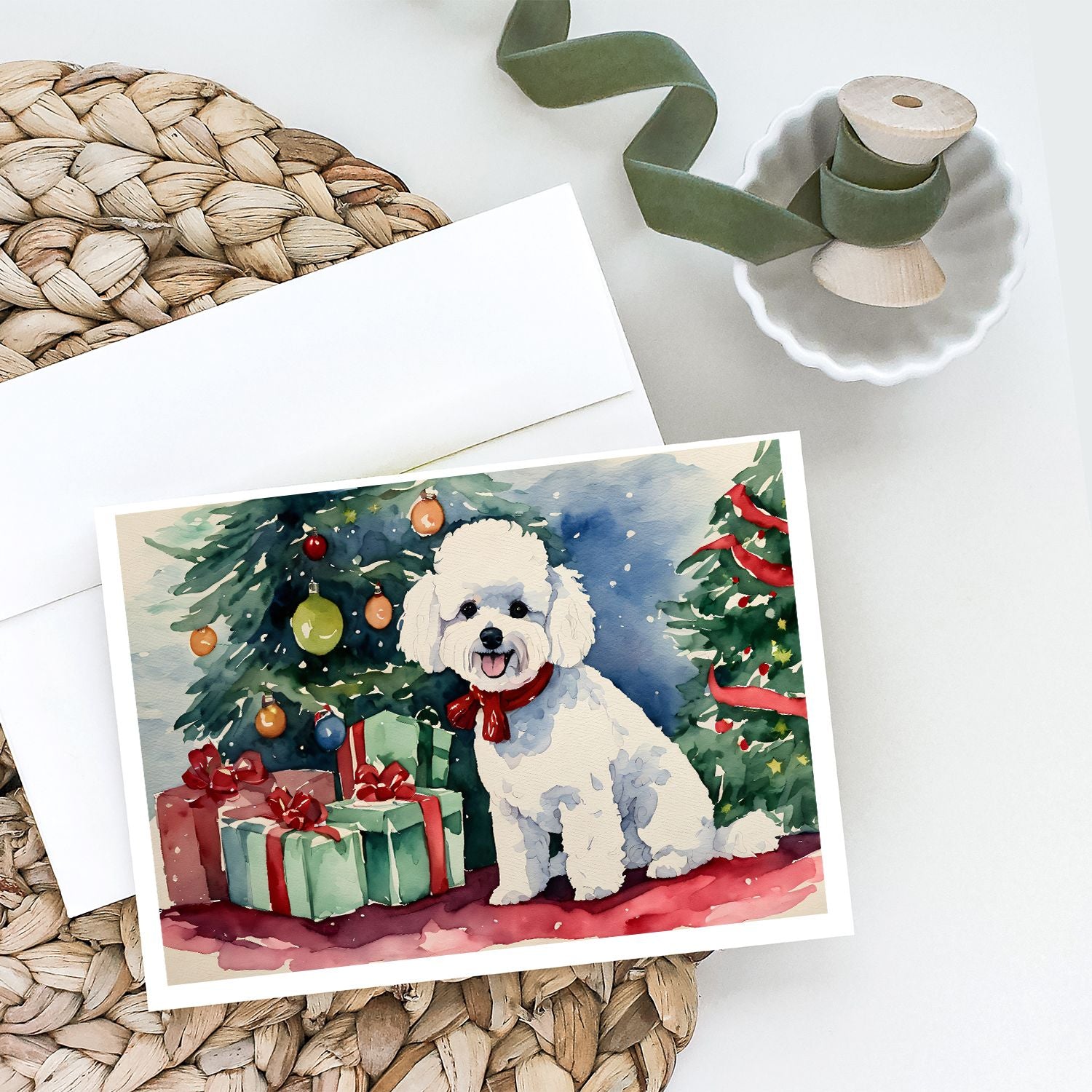 Bichon Frise Christmas Greeting Cards Pack of 8 Blank Cards with Envelopes Whimsical A7 Size 5x7 Blank Note Cards