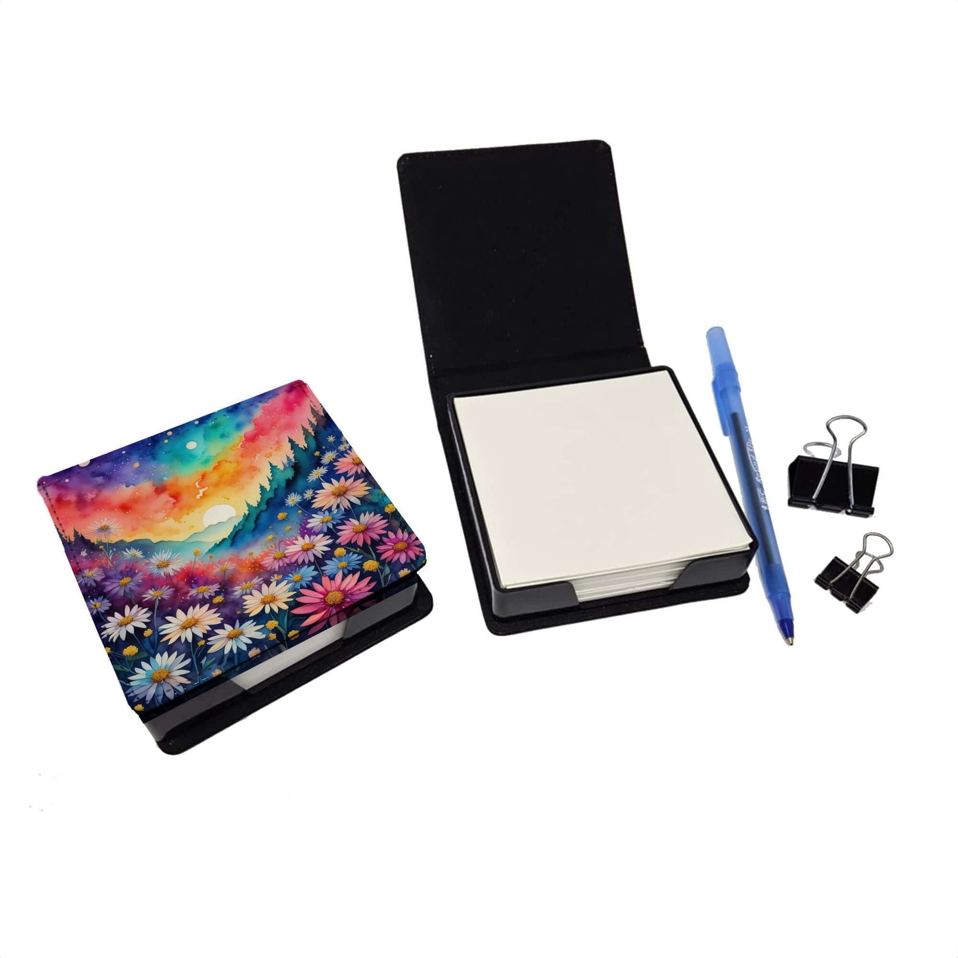 Colorful Asters PU Leather Note Paper Holder with Artist-Designed Cover, Desk Accessory, Office Gift