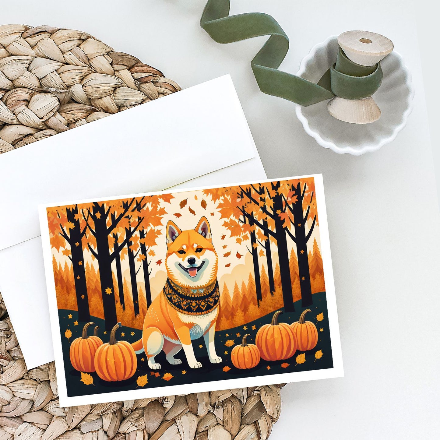 Shiba Inu Fall Greeting Cards Pack of 8 Blank Cards with Envelopes Whimsical A7 Size 5x7 Blank Note Cards