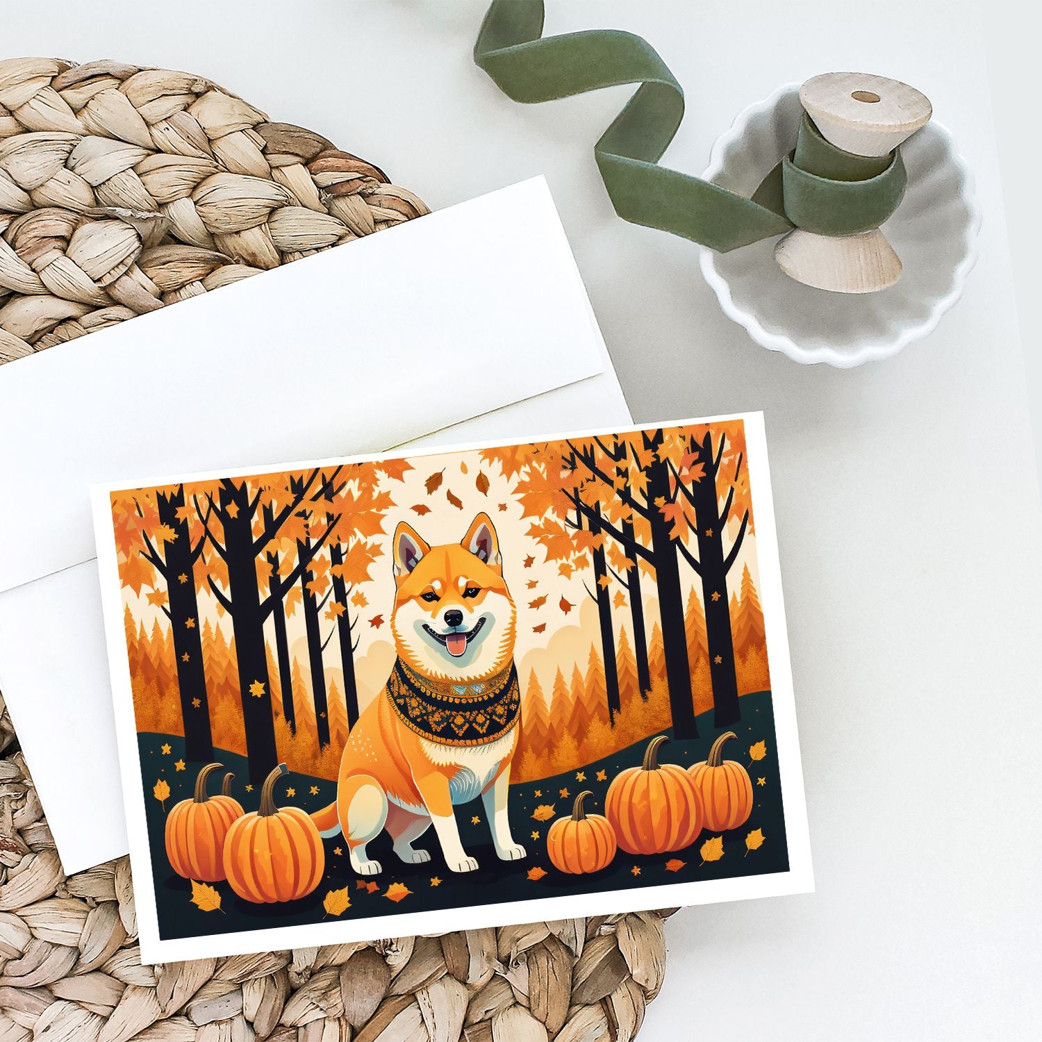 Shiba Inu Fall Greeting Cards Pack of 8 Blank Cards with Envelopes Whimsical A7 Size 5x7 Blank Note Cards