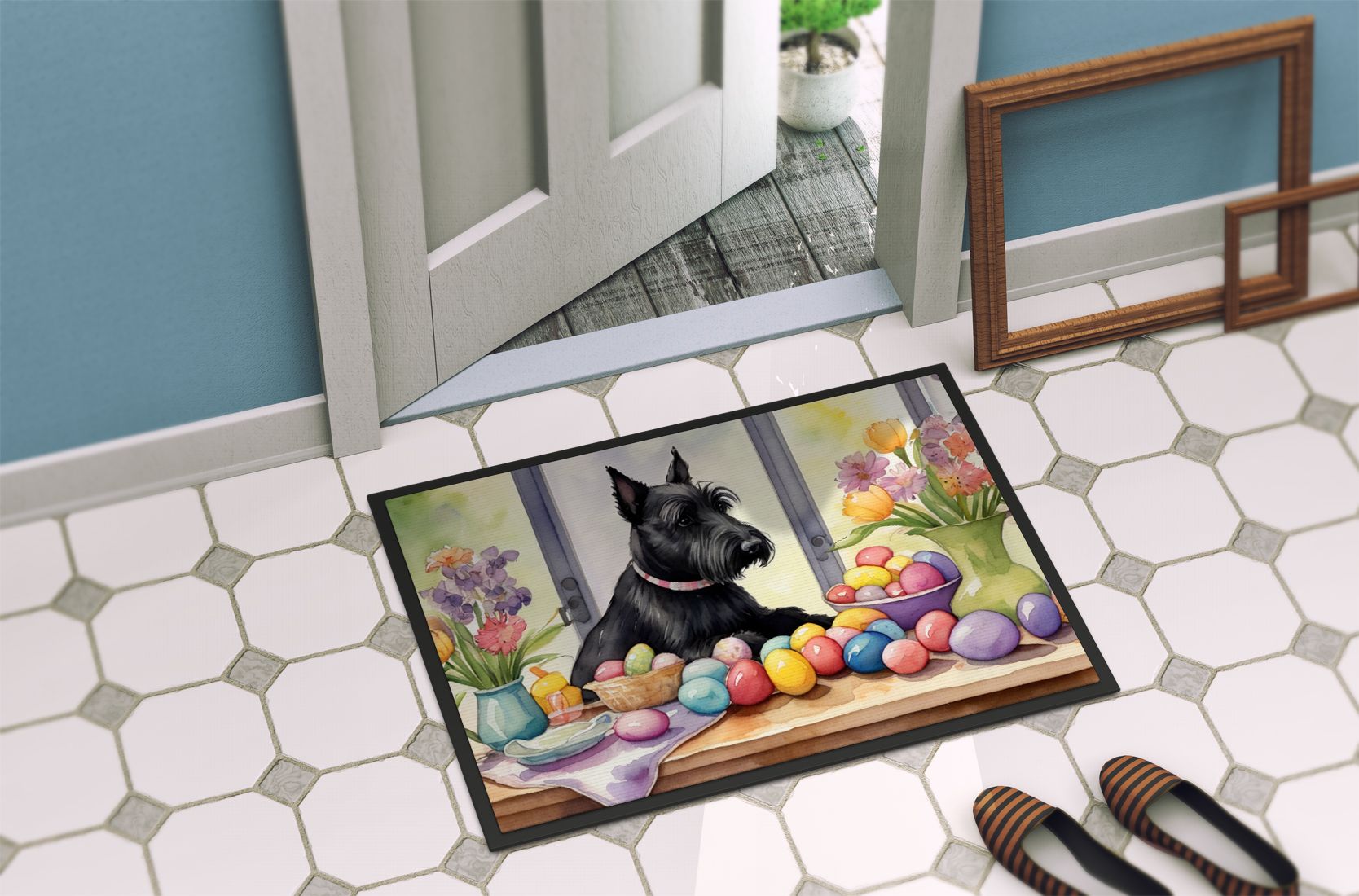Decorating Easter Scottish Terrier Doormat Front Door Mat Indoor Outdoor Rugs for Entryway, Non Slip Washable Low Pile, 24H X 36W
