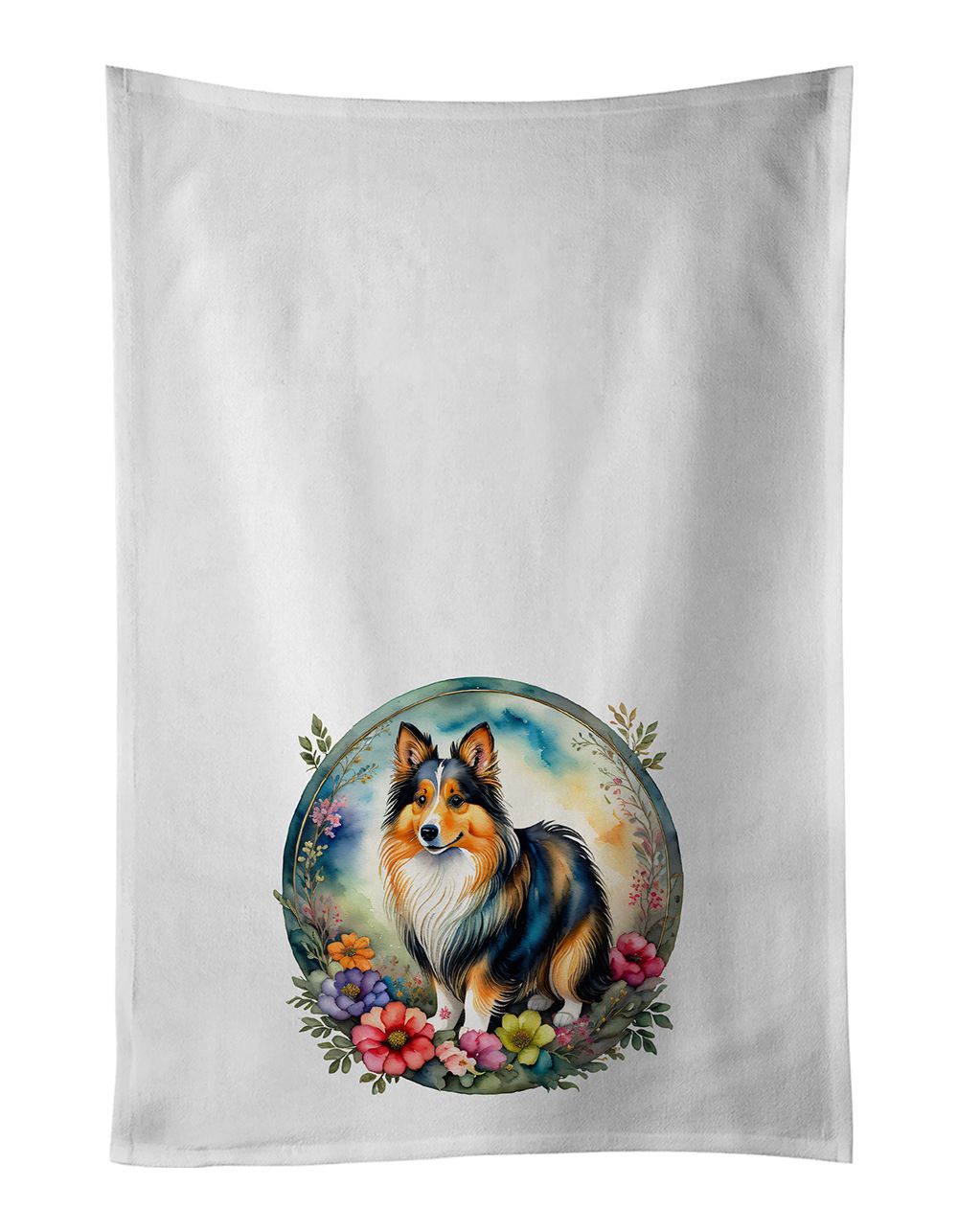 Sheltie and Flowers Kitchen Towel Set of 2 White Dish Towels Decorative Bathroom Hand towel for Hand, Face, Hair, Yoga, Tea, Dishcloth, 19 X 28", White