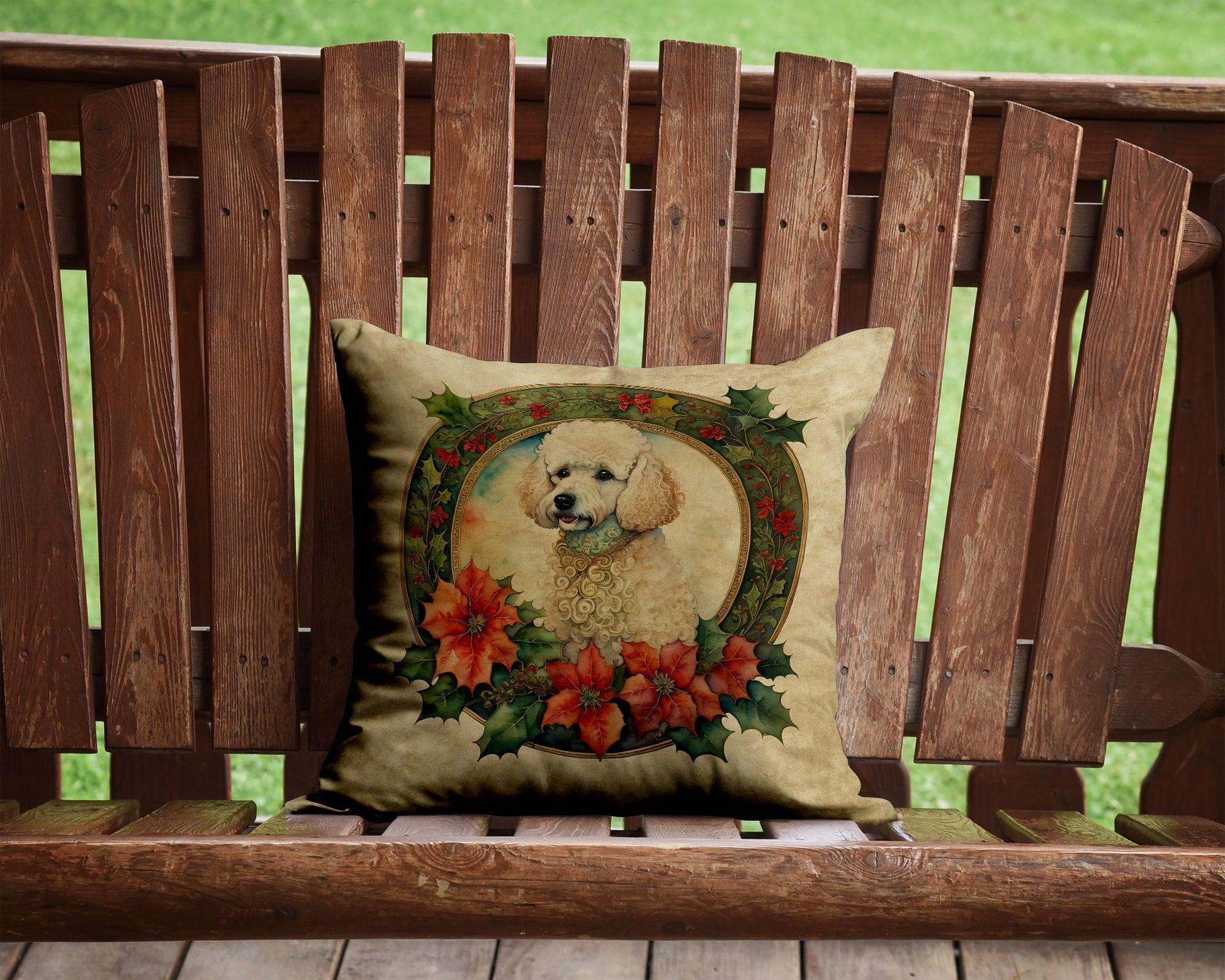 Poodle Christmas Flowers Throw Pillow Machine Washable, Indoor Outdoor Decorative Pillow for Couch, Bed or Patio, 14Hx14W