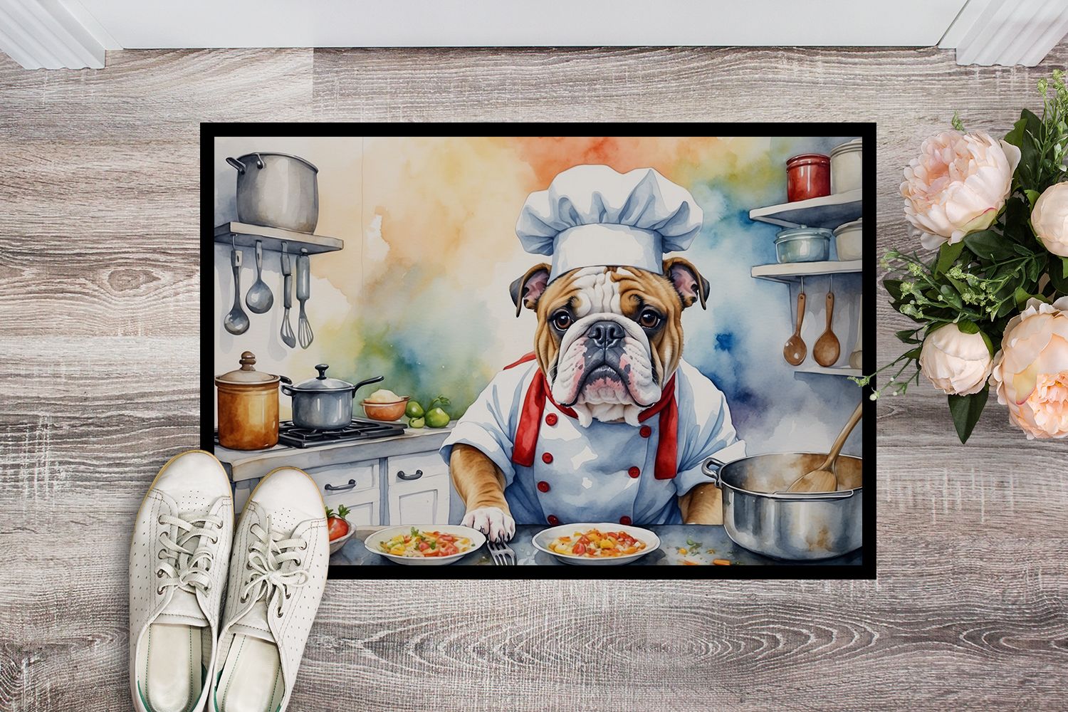 English Bulldog The Chef Doormat Front Door Mat Indoor Outdoor Rugs for Entryway, Non Slip Washable Low Pile, 24H X 36W