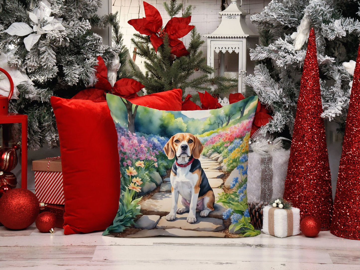 Beagle Spring Garden Throw Pillow Machine Washable, Indoor Outdoor Decorative Pillow for Couch, Bed or Patio, 14Hx14W