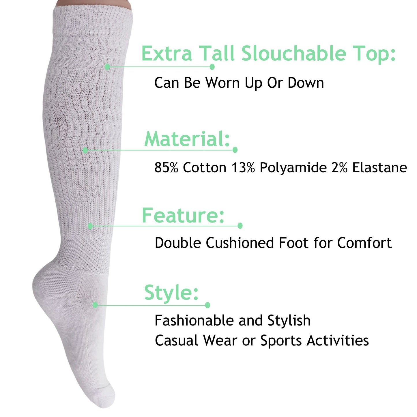 Women's Extra Long Slouch Scrunch Socks Knee High, Cotton Blend, Pack of 2, Fits Shoe Sizes 5-10, 80s Style, 28 Colors