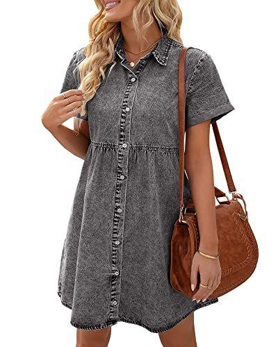 Denim Dress for Women Summer Dress Short Sleeve Button Down Tiered Babydoll Denim Jean Dress