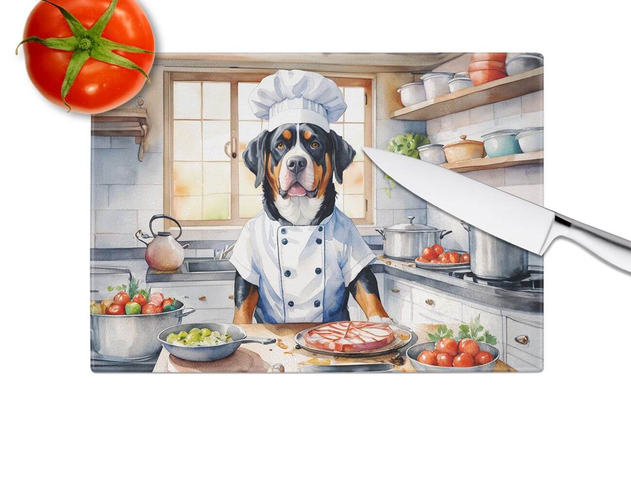 Greater Swiss Mountain Dog The Chef Glass Cutting Board Decorative Tempered Glass Kitchen Cutting and Serving Board Large Size Chopping Board