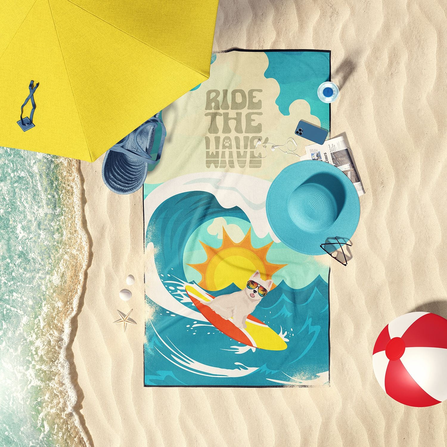 Surfer Dog Westie Premium Beach Towel Oversized Towel Beach Blanket, Pool, Beach Essentials, Yoga, Premium Bath Towel, Quick Dry Plush