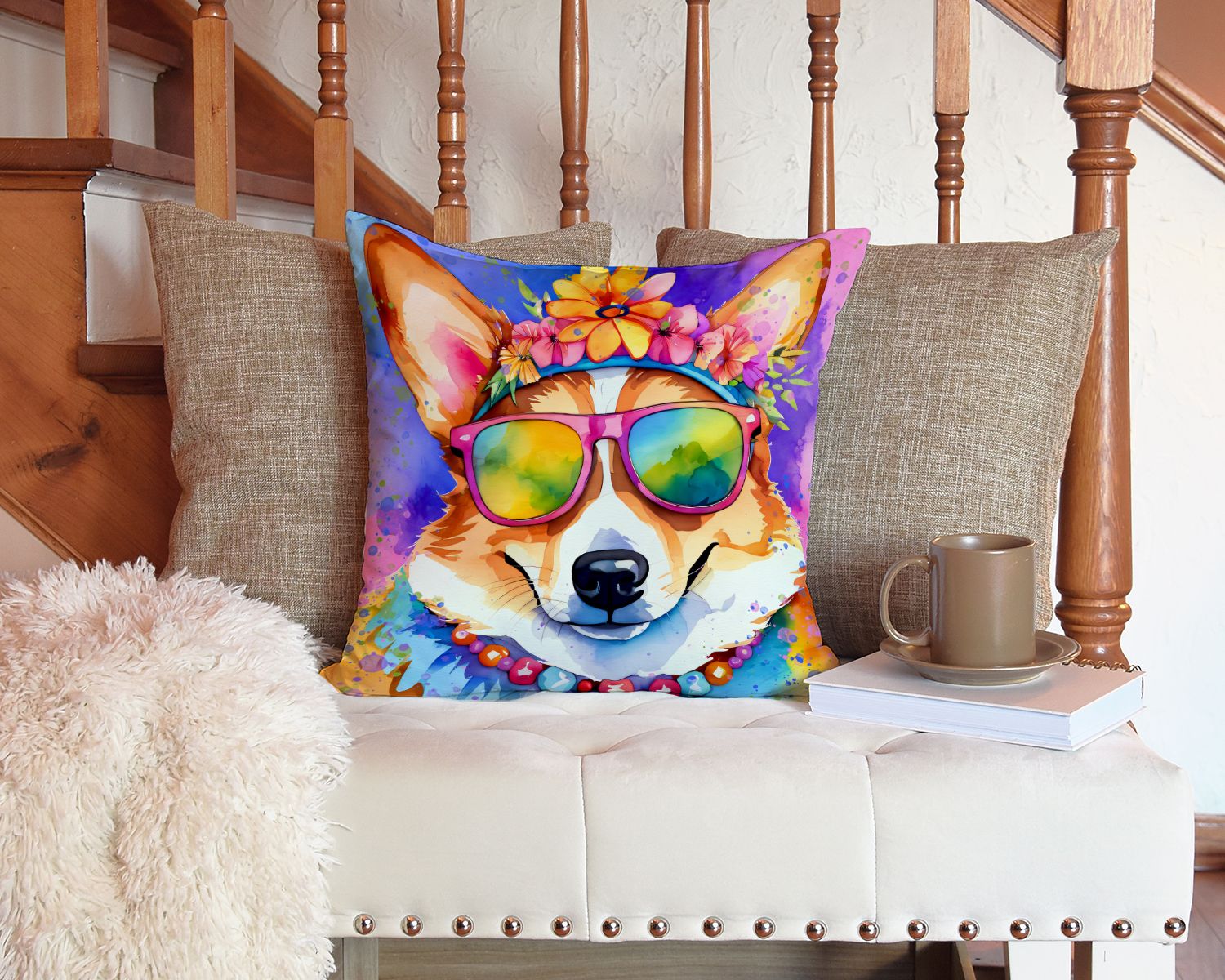 Corgi Hippie Dawg Throw Pillow Machine Washable, Indoor Outdoor Decorative Pillow for Couch, Bed or Patio, 14Hx14W