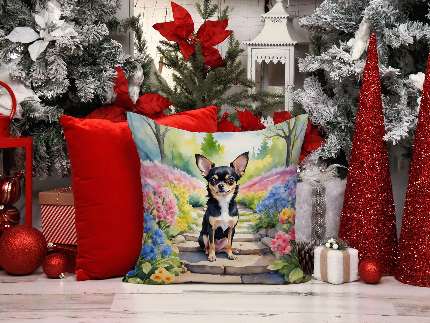 Chihuahua Spring Path Throw Pillow Machine Washable, Indoor Outdoor Decorative Pillow for Couch, Bed or Patio, 14Hx14W