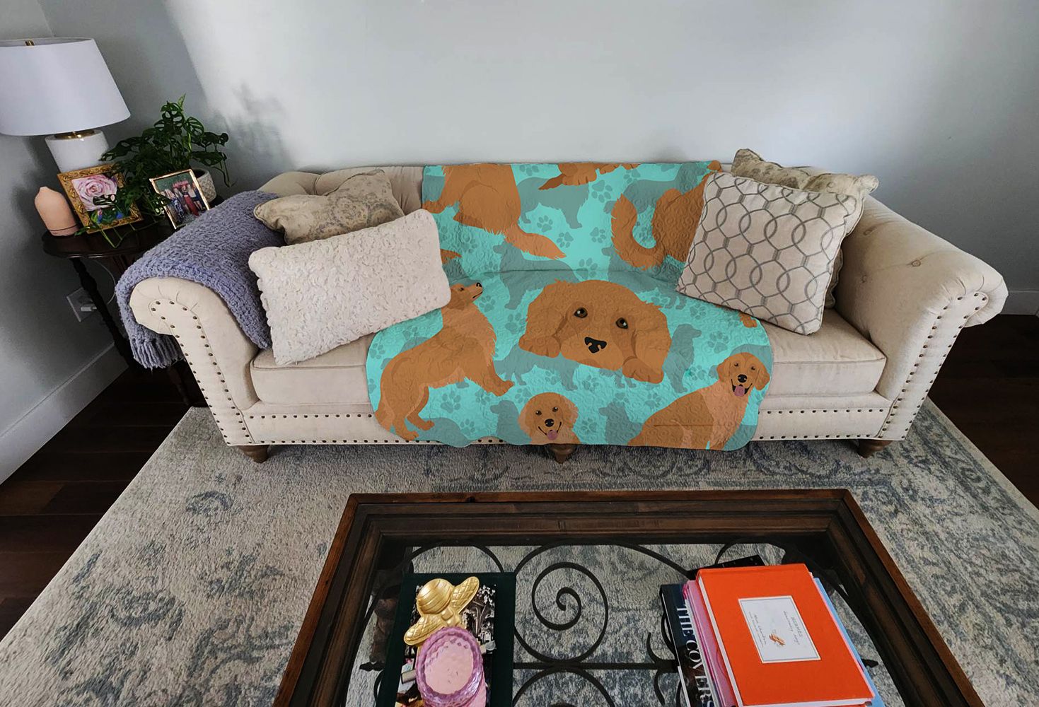 Golden Retriever Quilted Blanket 50x60 Artwork Pattern Quilted Throw Blanket for Bed, Couch, Sofa, Soft and Lightweight