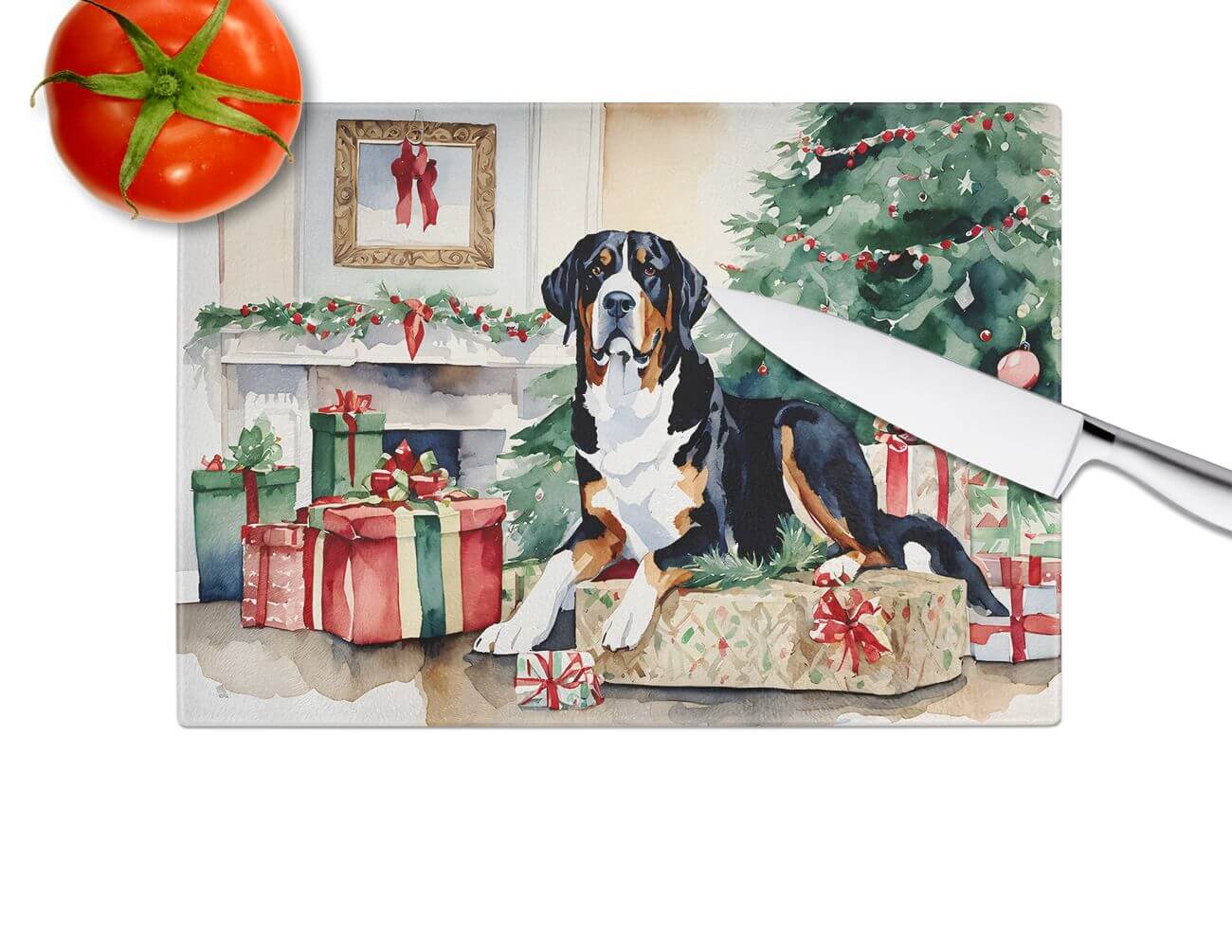 NEW Greater Swiss Mountain Dog Cozy Christmas Glass Cutting Board Decorative Tempered Glass Kitchen Cutting and Serving Board Large Size Chopping Board