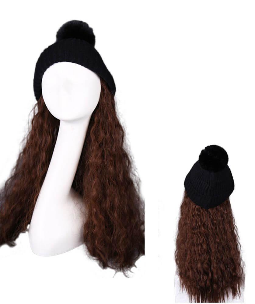 Womens Black Winter Knit Hat with Light Brown Synthetic Long Curly Corn Wave Hair Attached Wig Cap - Clothes For Her Online Store