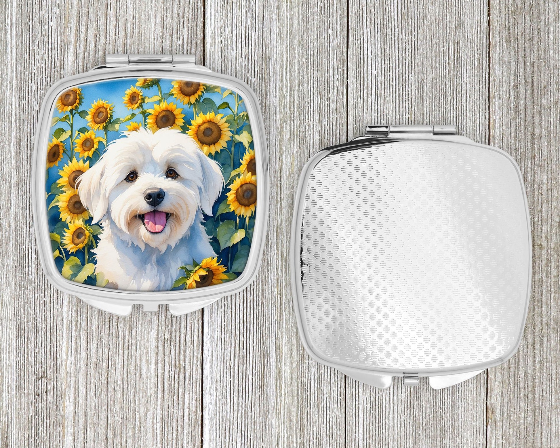 Coton de Tulear in Sunflowers Compact Mirror Decorative Travel Makeup Mirror for Women Girls Gifts Pocket Makeup Mirror Folding Handheld