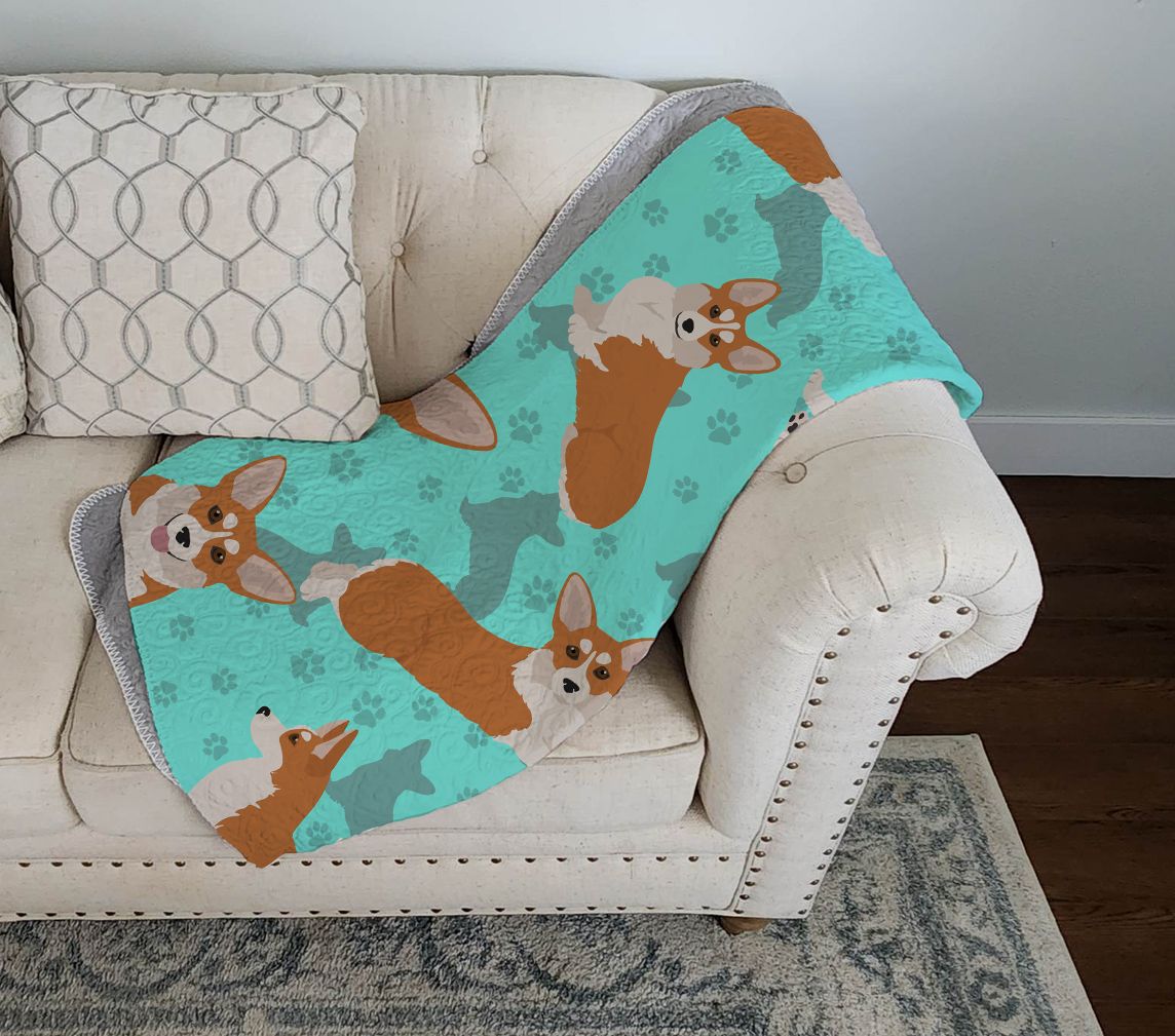Red and White Pembroke Corgi Quilted Blanket 50x60 Artwork Pattern Quilted Throw Blanket for Bed, Couch, Sofa, Soft and Lightweight
