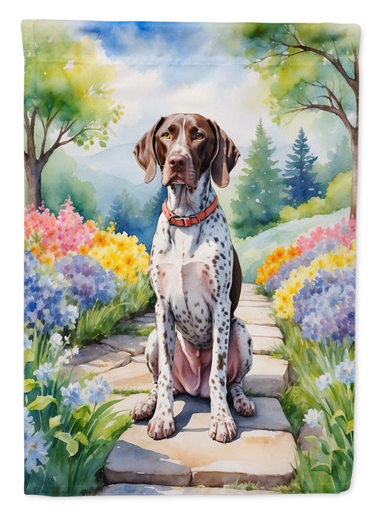 German Shorthaired Pointer Spring Path House Flag Large Porch Sleeve Pole Decorative Outside Yard Banner Artwork Wall Hanging, Polyester, House Size, Multicolor