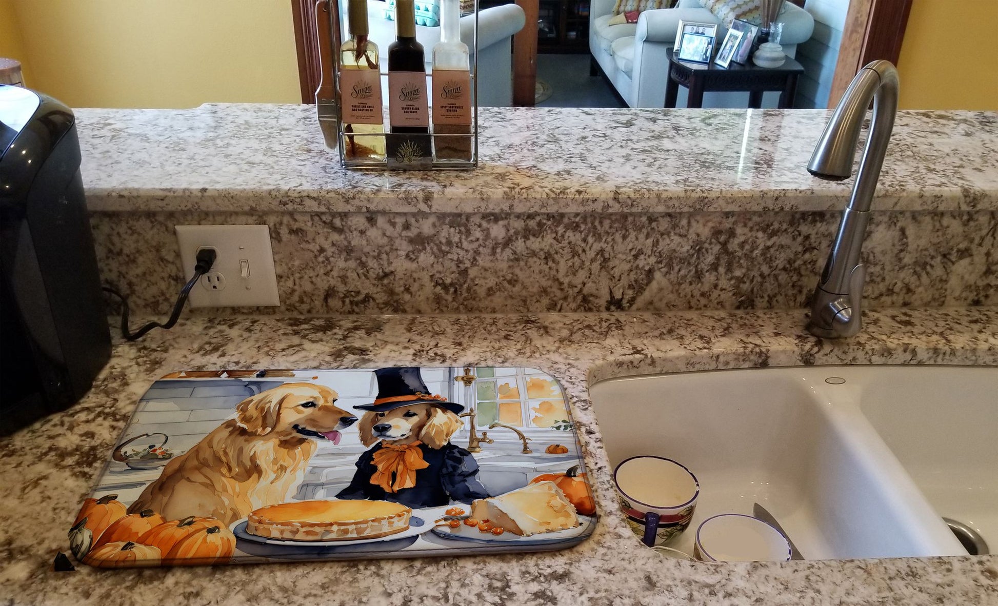 Golden Retriever Fall Kitchen Pumpkins Dish Drying Mat Absorbent Dish Drying Mat Pad for Kitchen Counter Dish Drainer Mat for Countertop, 14 x 21", Multicolor