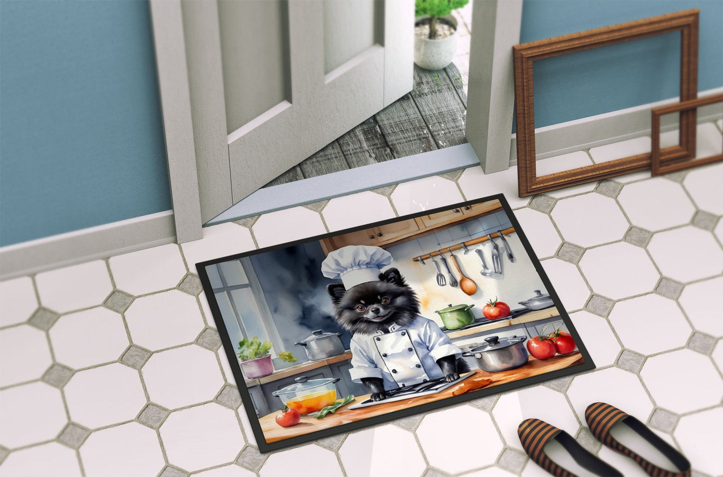 Pomeranian The Chef Doormat Front Door Mat Indoor Outdoor Rugs for Entryway, Non Slip Washable Low Pile, 24H X 36W