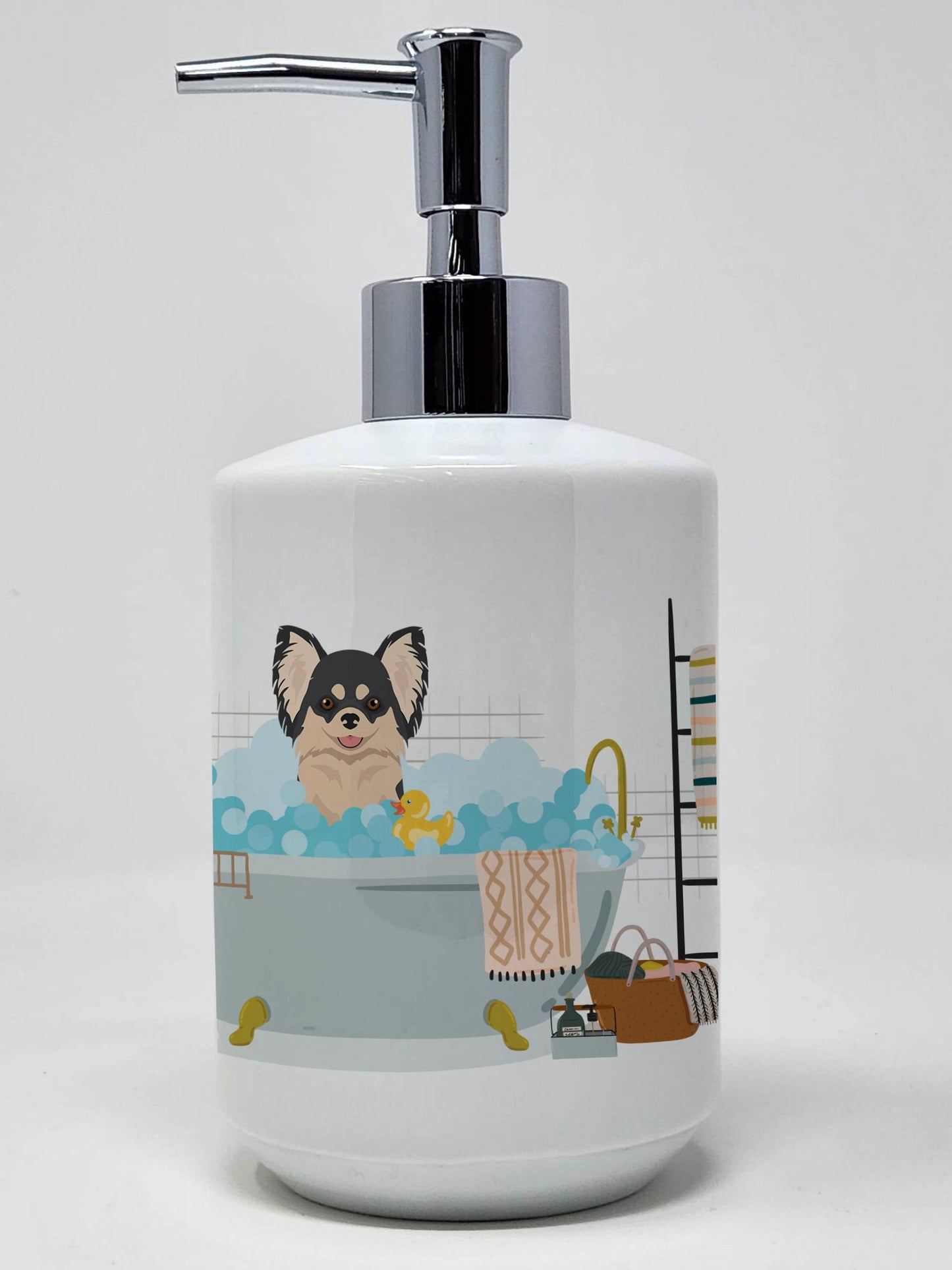 Longhaired Black and White Chihuahua Ceramic Soap Dispenser Hand Soap Dispenser Pump Bottles for Bathroom Kitchen, Empty Refillable Liquid Soap Container