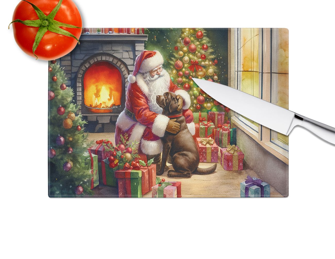 NEW Labrador Retriever and Santa Claus Glass Cutting Board Decorative Tempered Glass Kitchen Cutting and Serving Board Large Size Chopping Board