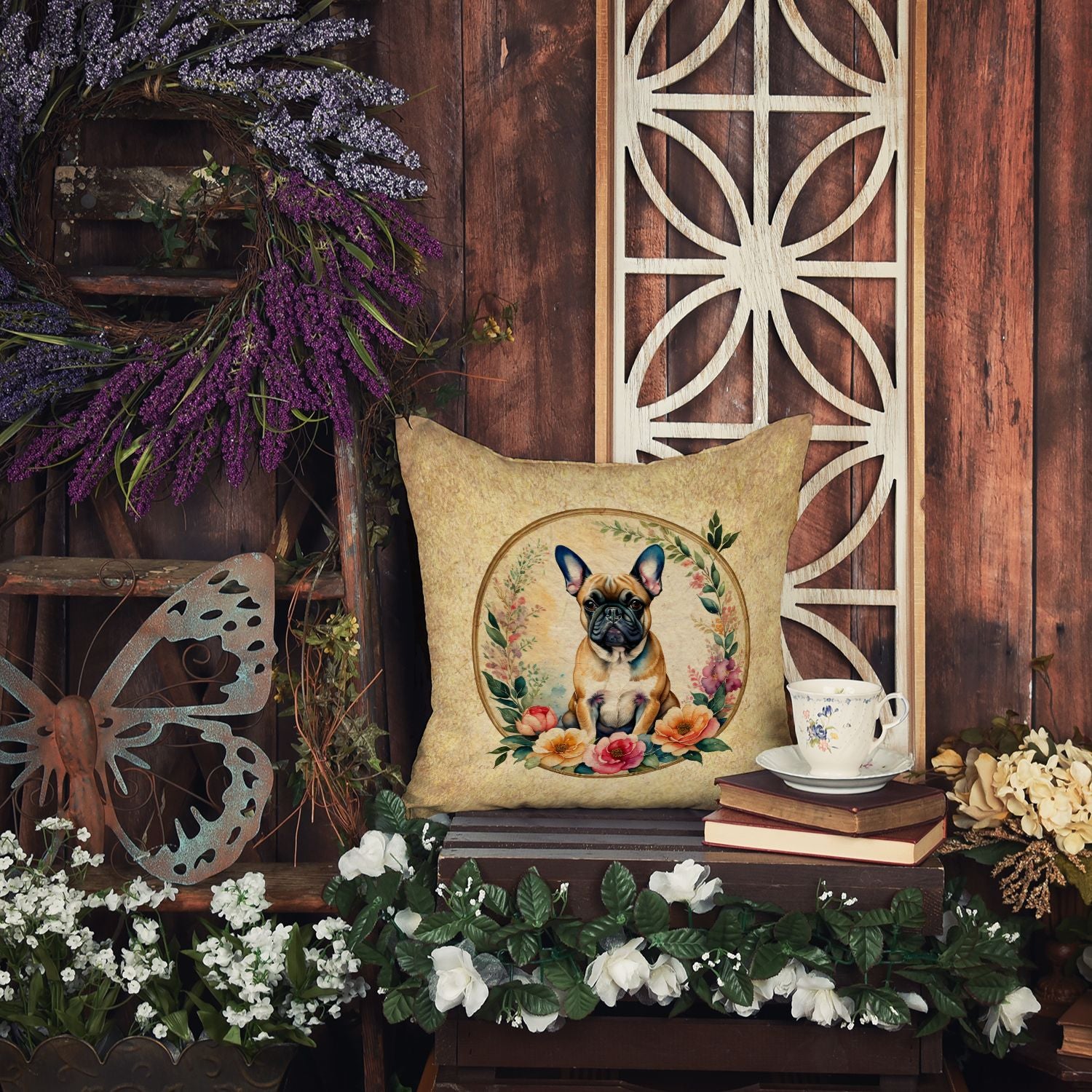 Fawn French Bulldog and Flowers Throw Pillow Machine Washable, Indoor Outdoor Decorative Pillow for Couch, Bed or Patio, 14Hx14W