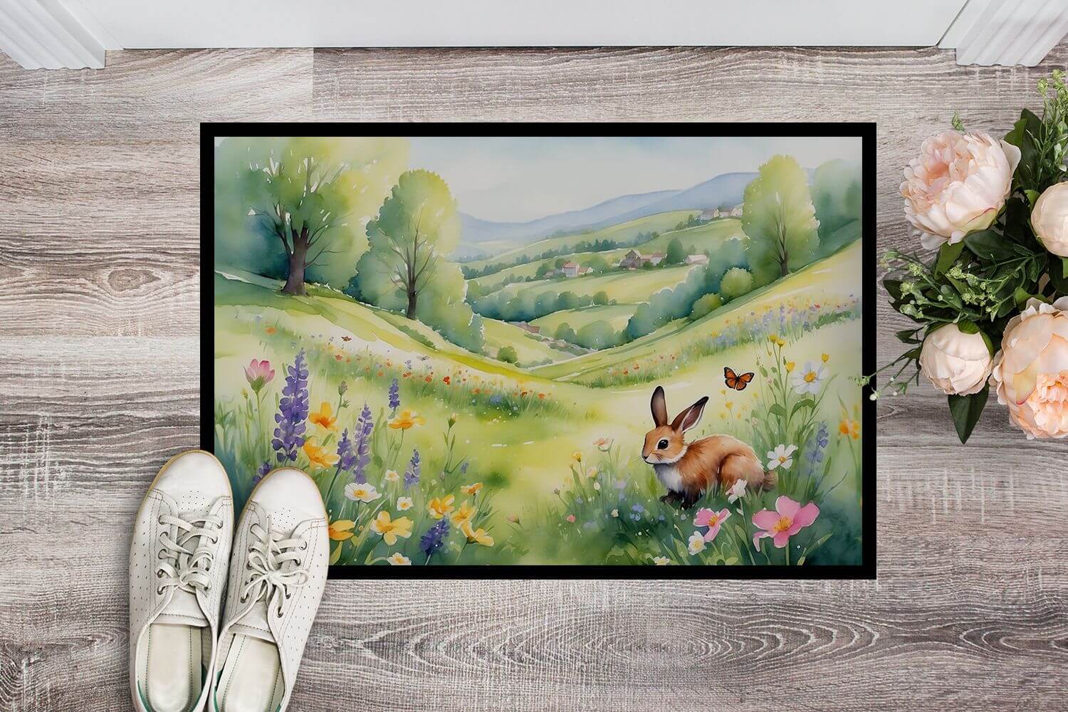 Rabbit Springtime Meadow Doormat Front Door Mat Indoor Outdoor Rugs for Entryway, Non Slip Washable Low Pile, 24H X 36W