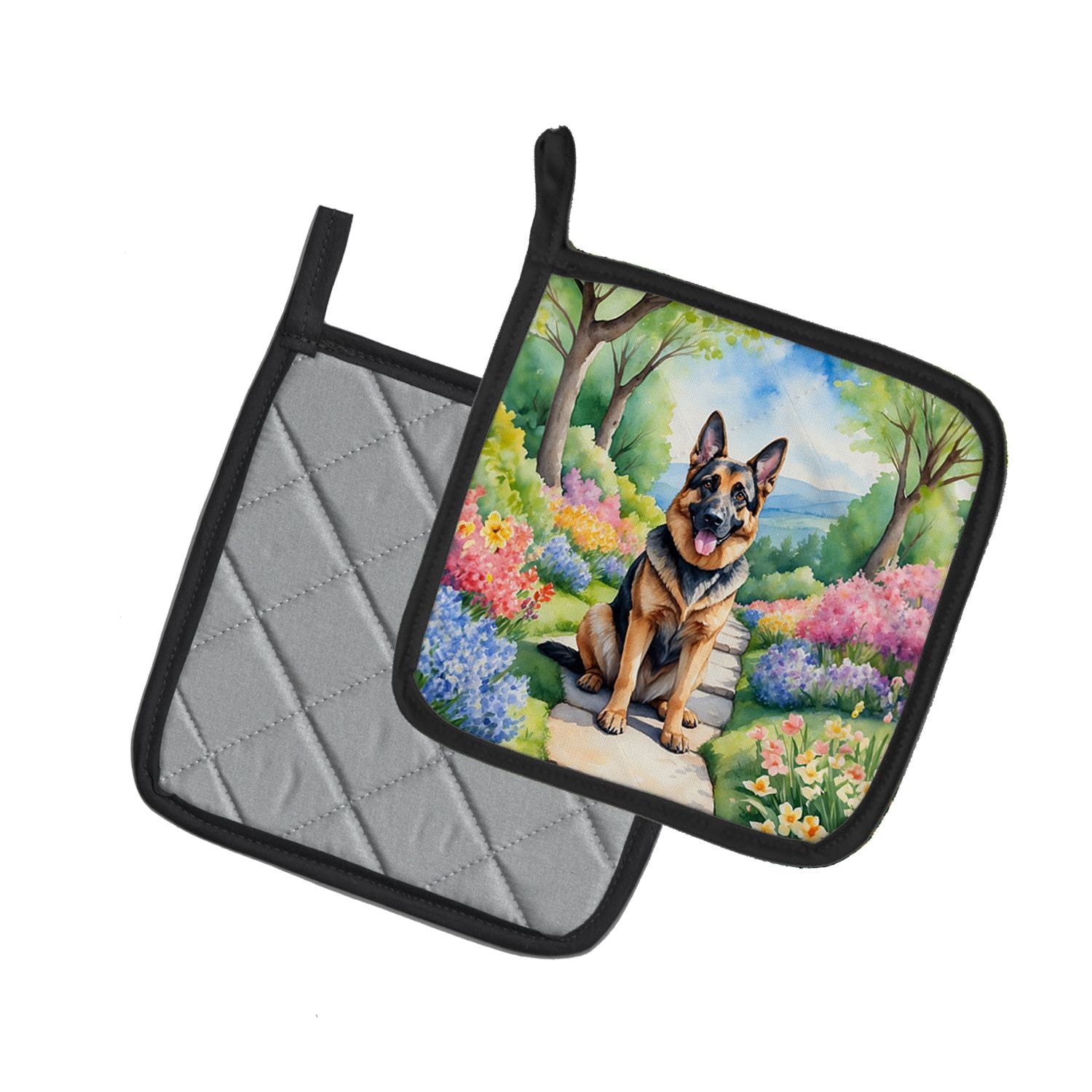German Shepherd Spring Path Pair of Pot Holders Kitchen Heat Resistant Pot Holders Sets Oven Hot Pads for Cooking Baking BBQ, 7 1/2 x 7 1/2