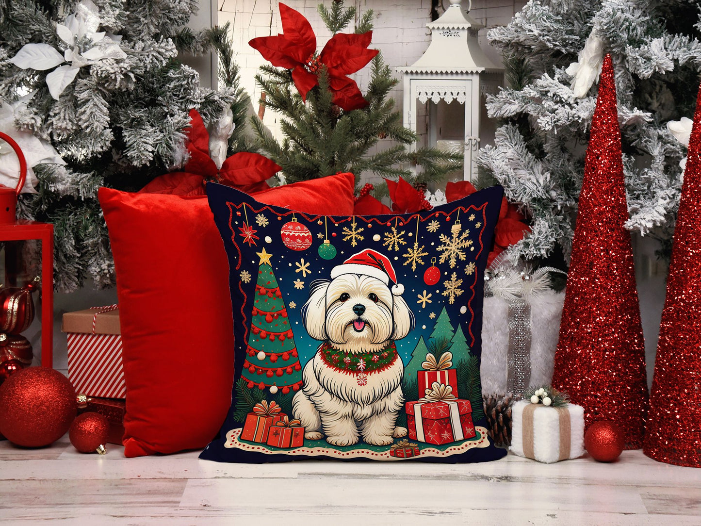 Coton De Tulear Christmas Throw Pillow Machine Washable, Indoor Outdoor Decorative Pillow for Couch, Bed or Patio, 18Hx18W