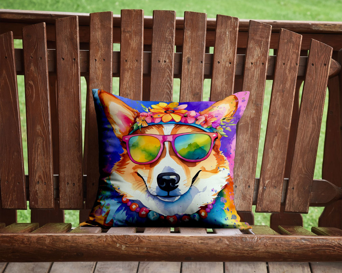 Corgi Hippie Dawg Throw Pillow Machine Washable, Indoor Outdoor Decorative Pillow for Couch, Bed or Patio, 14Hx14W